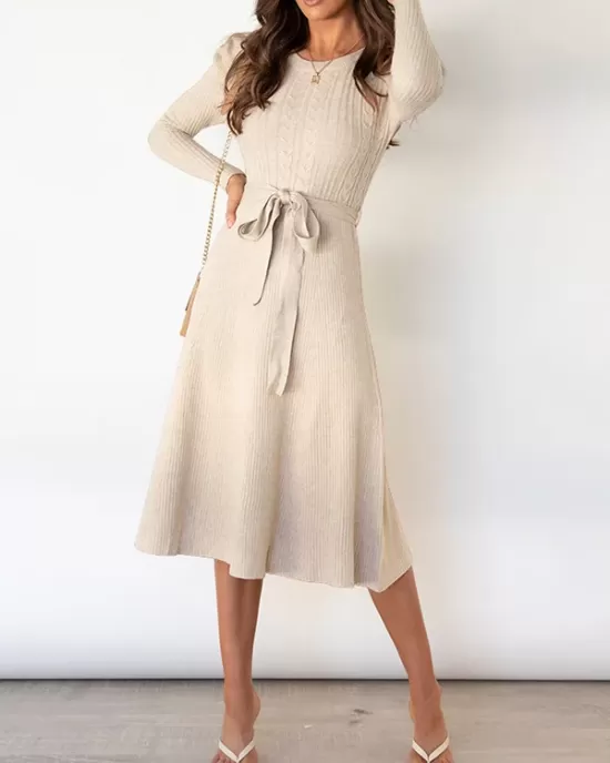 Solid Color Tied Waist High Waisted Long Sleeves Round-Neck Sweater Dresses Midi Dresses