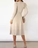 Solid Color Tied Waist High Waisted Long Sleeves Round-Neck Sweater Dresses Midi Dresses