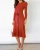 Solid Color Tied Waist High Waisted Long Sleeves Round-Neck Sweater Dresses Midi Dresses