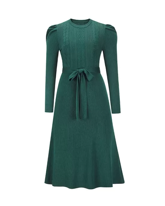 Solid Color Tied Waist High Waisted Long Sleeves Round-Neck Sweater Dresses Midi Dresses