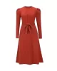 Solid Color Tied Waist High Waisted Long Sleeves Round-Neck Sweater Dresses Midi Dresses