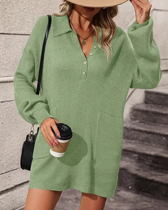 Split-Joint Loose Puff Sleeves Lapel Sweater Dresses Mini Dresses