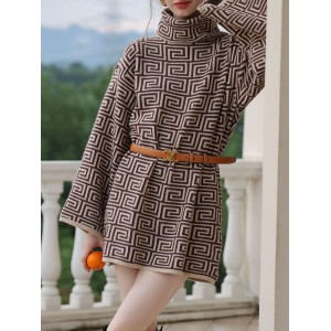 Jacquard Printed Flared Sleeves Long Sleeves High Neck Sweater Dresses Mini Dresses