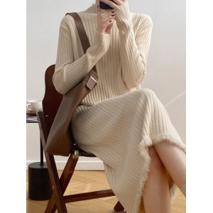 Fringed Solid Color Long Sleeves Loose Mock Neck Sweater Dresses Midi Dresses