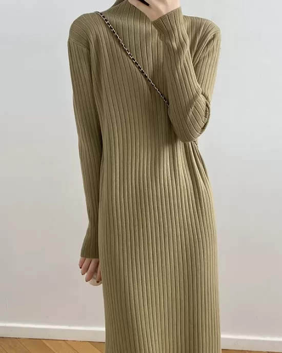 Fringed Solid Color Long Sleeves Loose Mock Neck Sweater Dresses Midi Dresses