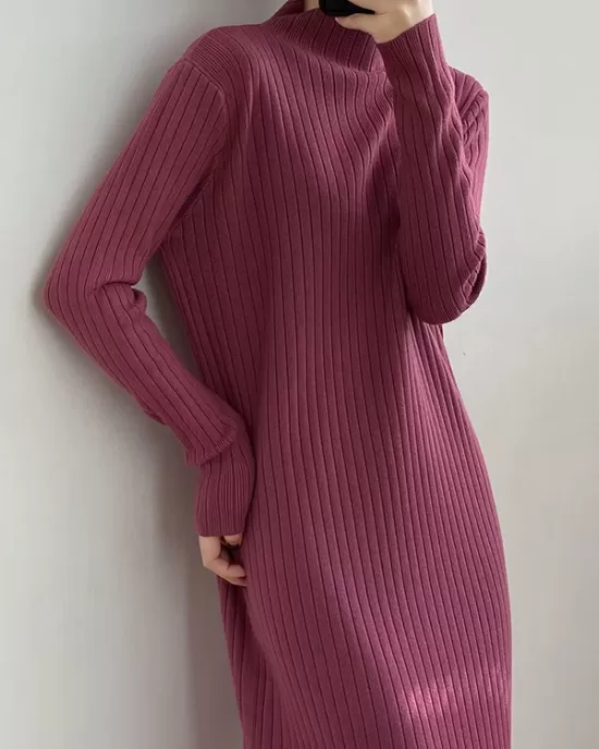 Fringed Solid Color Long Sleeves Loose Mock Neck Sweater Dresses Midi Dresses