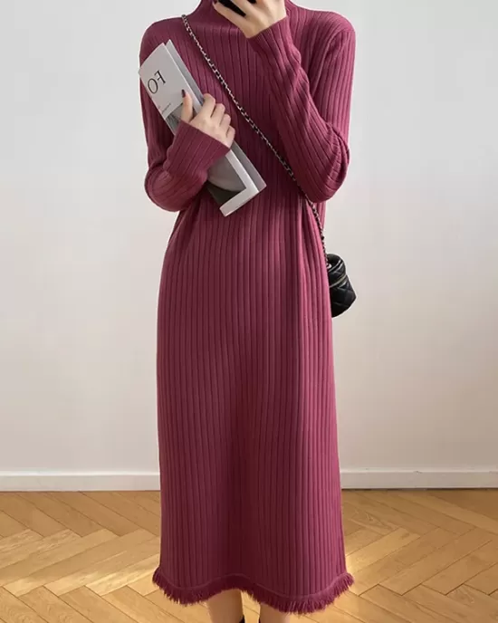 Fringed Solid Color Long Sleeves Loose Mock Neck Sweater Dresses Midi Dresses