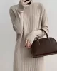 Fringed Solid Color Long Sleeves Loose Mock Neck Sweater Dresses Midi Dresses