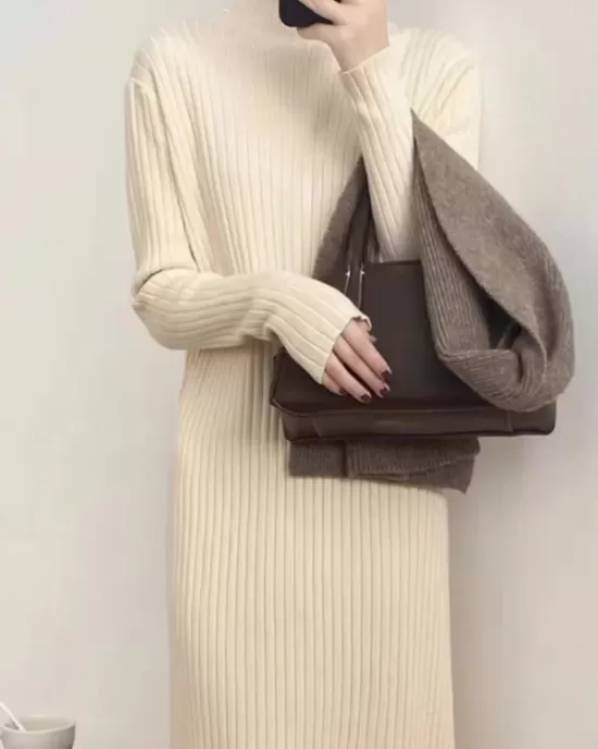 Fringed Solid Color Long Sleeves Loose Mock Neck Sweater Dresses Midi Dresses