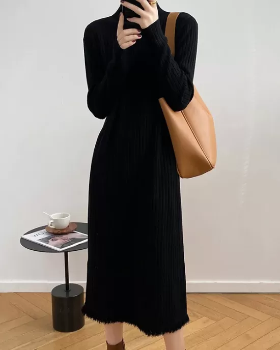 Fringed Solid Color Long Sleeves Loose Mock Neck Sweater Dresses Midi Dresses