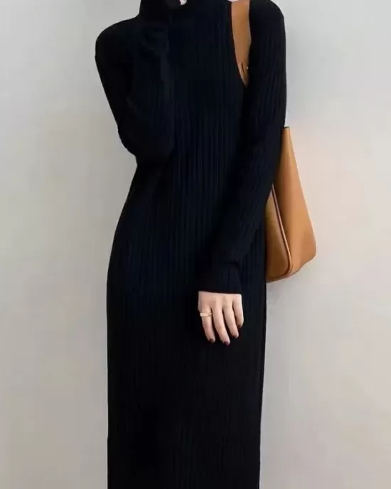 Fringed Solid Color Long Sleeves Loose Mock Neck Sweater Dresses Midi Dresses