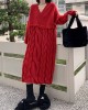 Solid Color Split-Joint Tasseled Long Sleeves Loose V-Neck Sweater Dresses Midi Dresses