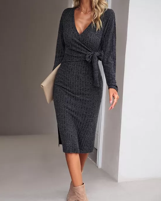 Asymmetric Solid Color Tied Waist High Waisted Long Sleeves Deep V-Neck Sweater Dresses Midi Dresses