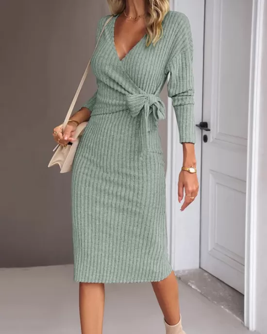 Asymmetric Solid Color Tied Waist High Waisted Long Sleeves Deep V-Neck Sweater Dresses Midi Dresses