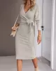 Asymmetric Solid Color Tied Waist High Waisted Long Sleeves Deep V-Neck Sweater Dresses Midi Dresses