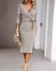 Asymmetric Solid Color Tied Waist High Waisted Long Sleeves Deep V-Neck Sweater Dresses Midi Dresses