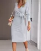 Asymmetric Solid Color Tied Waist High Waisted Long Sleeves Deep V-Neck Sweater Dresses Midi Dresses