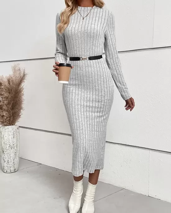 Solid Color Split-Joint Long Sleeves Skinny Round-Neck Sweater Dresses Midi Dresses