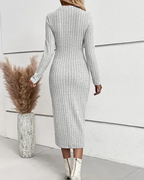 Solid Color Split-Joint Long Sleeves Skinny Round-Neck Sweater Dresses Midi Dresses