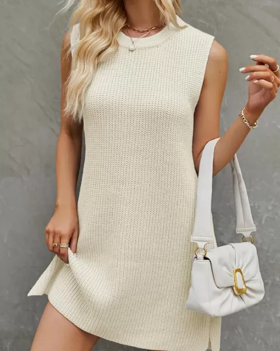 Solid Color Split-Side Tied Waist A-Line Loose Round-Neck Sweater Dresses Mini Dresses