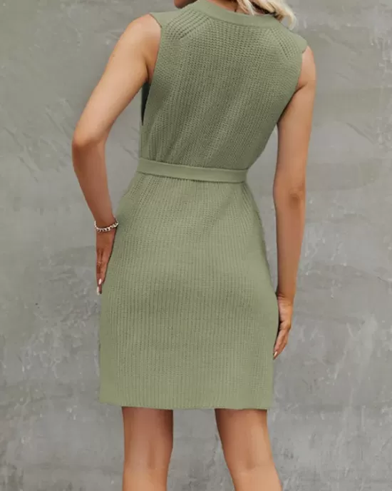 Solid Color Split-Side Tied Waist A-Line Loose Round-Neck Sweater Dresses Mini Dresses