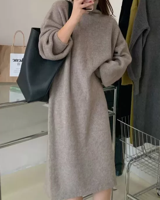 Solid Color Long Sleeves Loose High Neck Sweater Dresses Midi Dresses