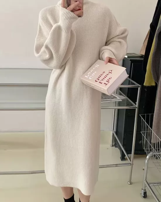 Solid Color Long Sleeves Loose High Neck Sweater Dresses Midi Dresses