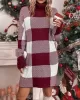 Contrast Color Plaid Long Sleeves Loose High Neck Sweater Dresses Mini Dresses