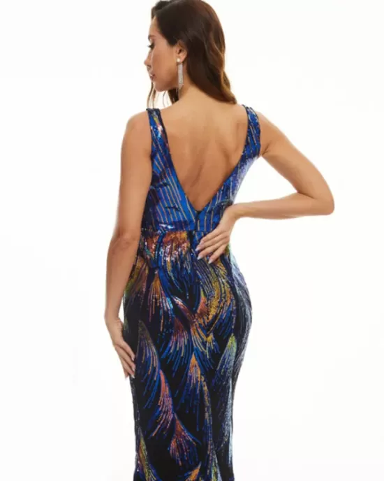 Evening  Wrap Backless Embroidered V-Neck Dress