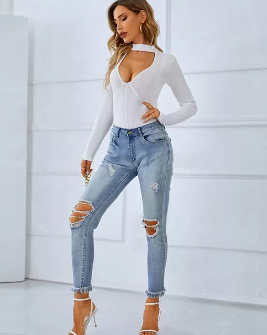 Casual Wrap Long Sleeves Solid Deep V-Neck Bodysuit