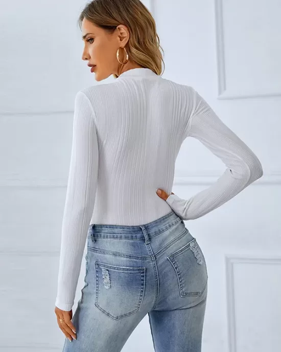 Casual Wrap Long Sleeves Solid Deep V-Neck Bodysuit