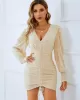 Casual Puff Sleeves Wrap Embroidered Solid Dress