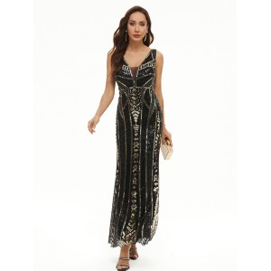 Evening Sleeveless Wrap Mesh Backless Embroidered V-Neck Maxi Dress