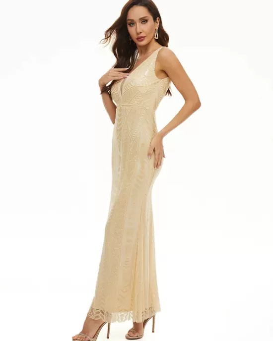 Evening Sleeveless Wrap Mesh Backless Embroidered V-Neck Maxi Dress