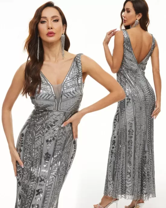 Evening Sleeveless Wrap Mesh Backless Embroidered V-Neck Maxi Dress