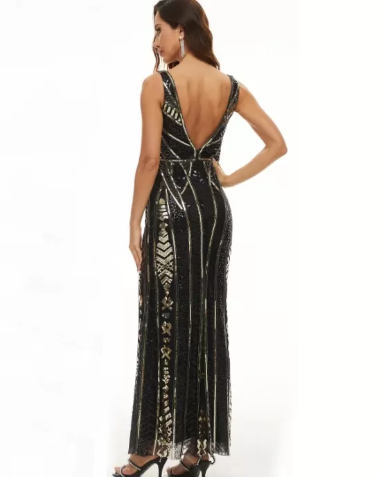 Evening Sleeveless Wrap Mesh Backless Embroidered V-Neck Maxi Dress