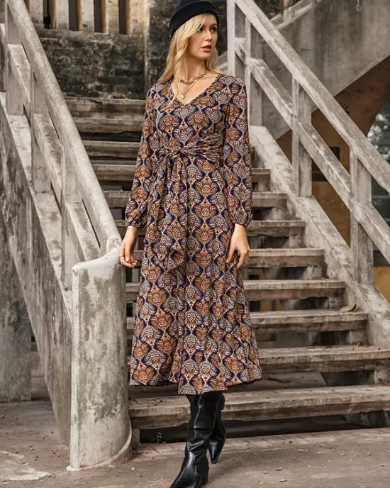 Vacation Long Sleeves Wrap Lace-Up V-Neck Midi Dress