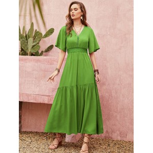 Vacation Half Sleeves Wrap Solid Color V-Neck Maxi Dress