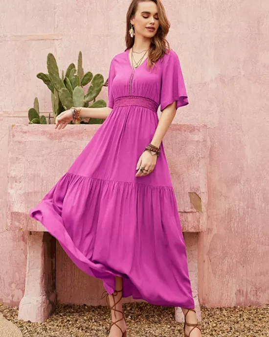 Vacation Half Sleeves Wrap Solid Color V-Neck Maxi Dress