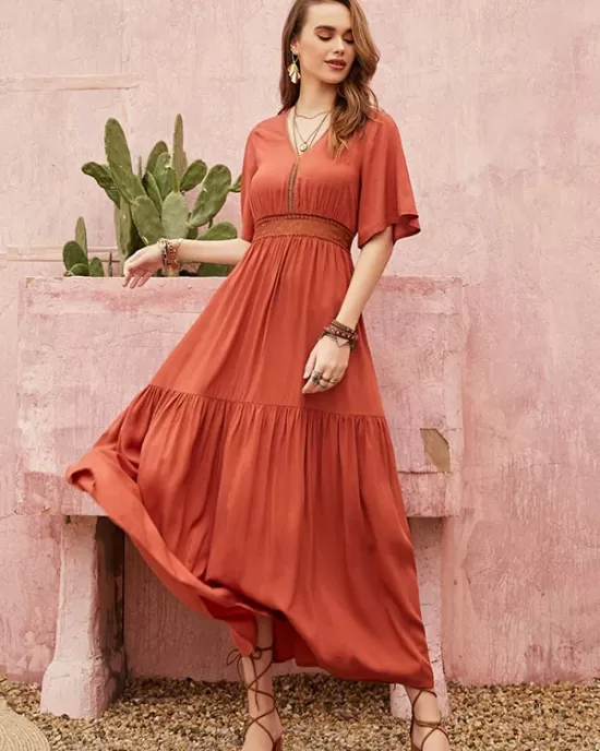 Vacation Half Sleeves Wrap Solid Color V-Neck Maxi Dress