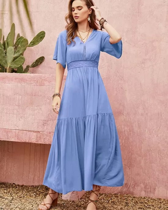 Vacation Half Sleeves Wrap Solid Color V-Neck Maxi Dress