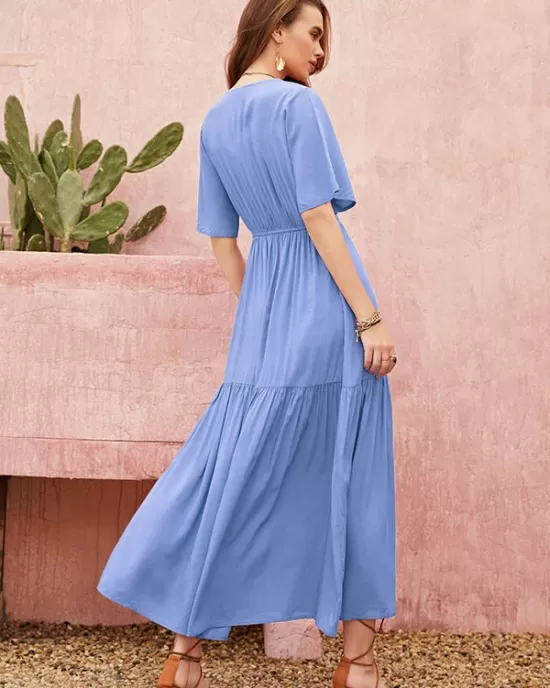 Vacation Half Sleeves Wrap Solid Color V-Neck Maxi Dress