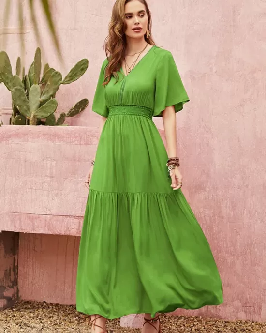 Vacation Half Sleeves Wrap Solid Color V-Neck Maxi Dress