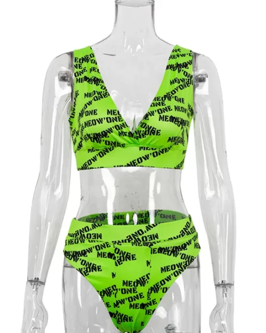 Wrap Letter Print Deep V-Neck Bikini Swimsuit