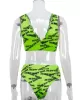 Wrap Letter Print Deep V-Neck Bikini Swimsuit