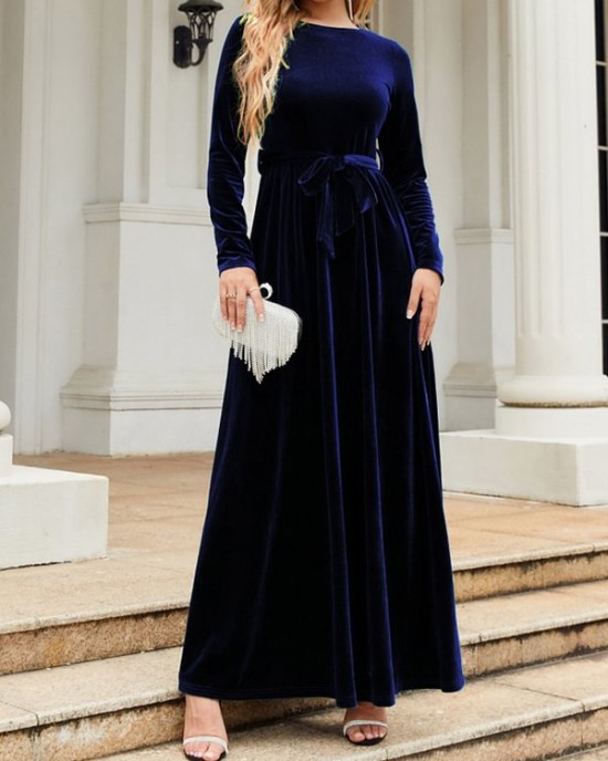 Belted Pleated Solid Color Zipper Long Sleeves Wrap Round-Neck Maxi Dresses