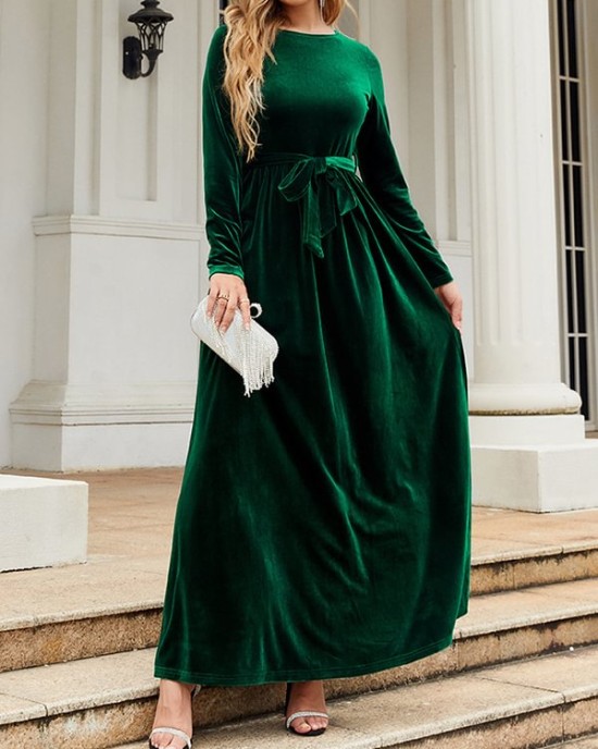 Belted Pleated Solid Color Zipper Long Sleeves Wrap Round-Neck Maxi Dresses