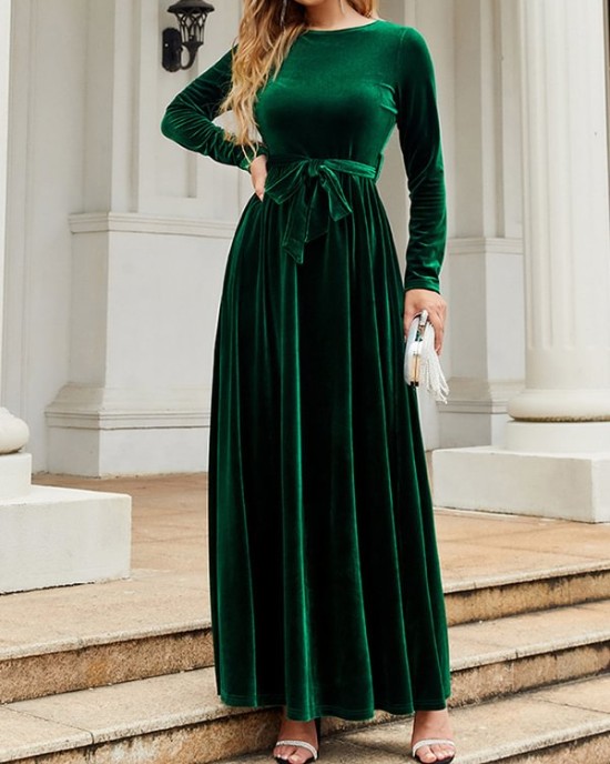 Belted Pleated Solid Color Zipper Long Sleeves Wrap Round-Neck Maxi Dresses