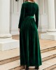 Belted Pleated Solid Color Zipper Long Sleeves Wrap Round-Neck Maxi Dresses