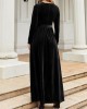 Belted Pleated Solid Color Zipper Long Sleeves Wrap Round-Neck Maxi Dresses